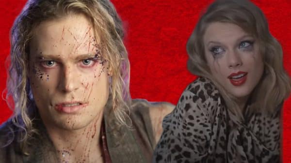 Lestat de Lioncourt and Taylor Swift are in front of a red background. Lestat is covered in streaks of glitter and Swift has black makeup streaming down her cheeks.