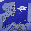 An exhausted worker sits in front of his computer and sighs, indicated by a speech bubble. The illustration is monochrome blue.