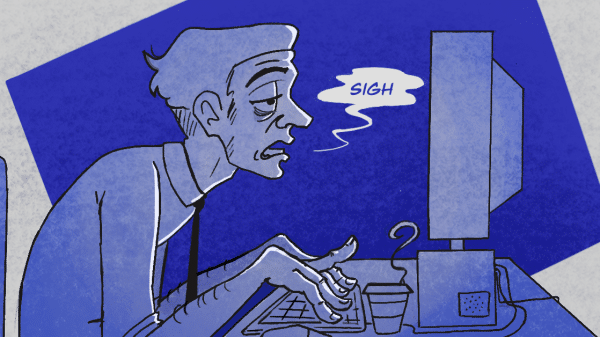 An exhausted worker sits in front of his computer and sighs, indicated by a speech bubble. The illustration is monochrome blue.