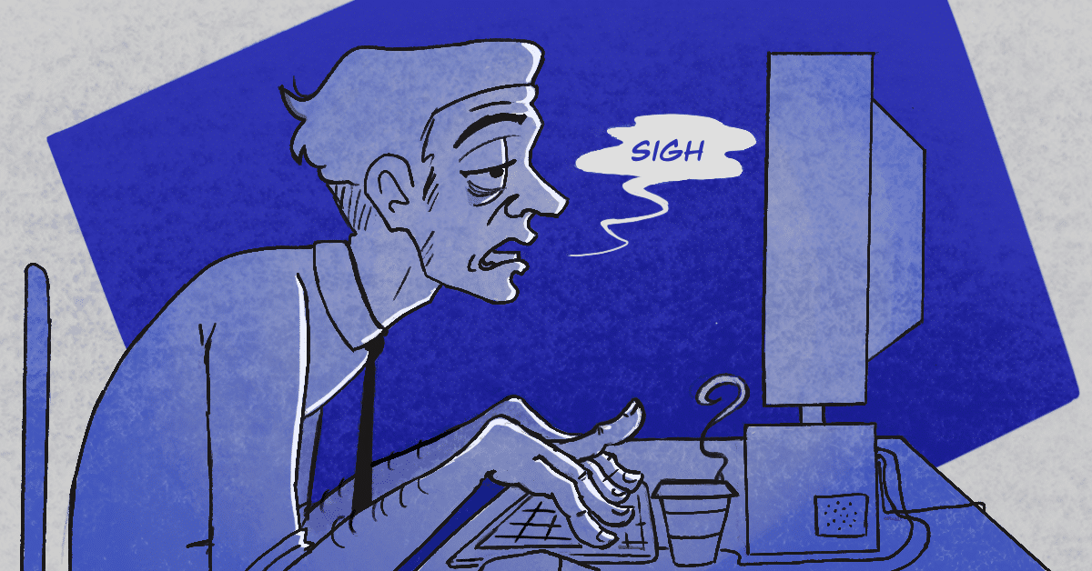 An exhausted worker sits in front of his computer and sighs, indicated by a speech bubble. The illustration is monochrome blue.