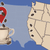 5 Best Coffee Shops on West Coast College Campuses map with coffee mug and google pin drop.
