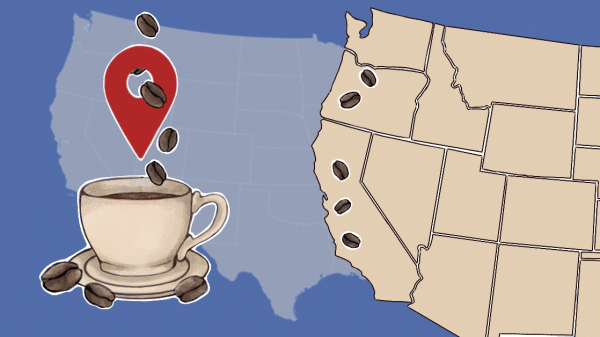 5 Best Coffee Shops on West Coast College Campuses map with coffee mug and google pin drop.