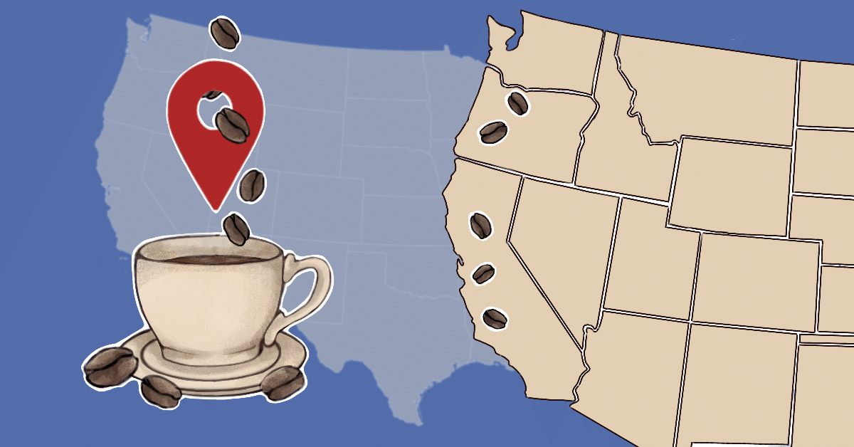 5 Best Coffee Shops on West Coast College Campuses map with coffee mug and google pin drop.