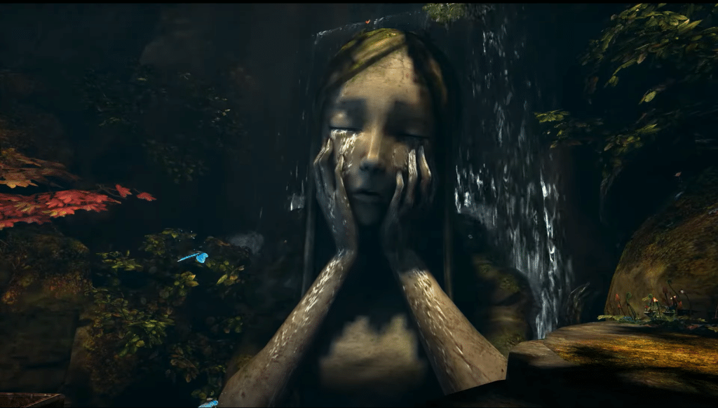 Screenshot from game Alice: The Madness Returns. Large statue of woman crying in front of a waterfall