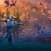 Robot running through field with birds.