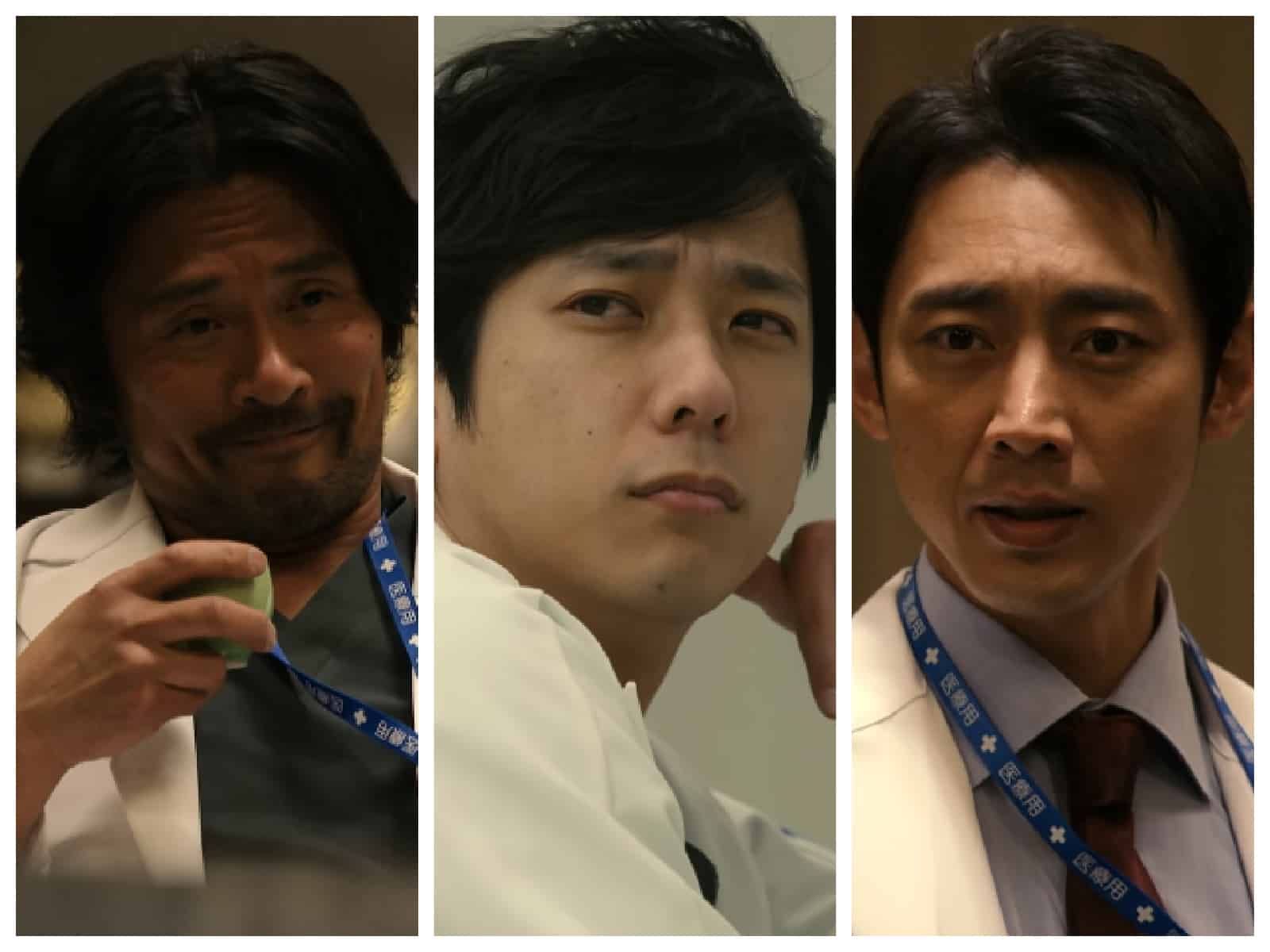 The three main doctors battling within Tojo University Hospital. From left to right: Saego Saeki portrayed by Seiyo Uchino, Seishiro Tokai portrayed by Kazunari Ninomiya, and Gonta Takashina portrayed by Kotaro Koizumi. All three men are wearing doctor jackets.