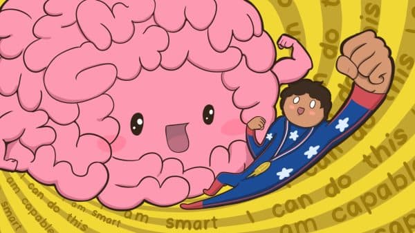 illustration of a brain and person reciting positive affirmations