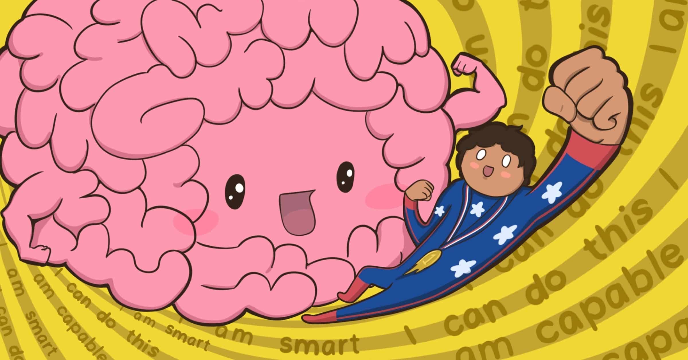 illustration of a brain and person reciting positive affirmations