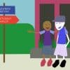 two friends walking together with school background