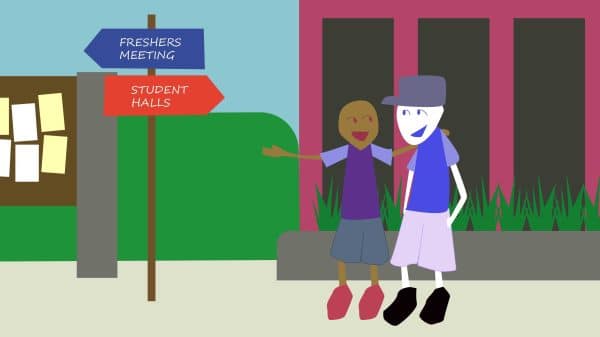 two friends walking together with school background