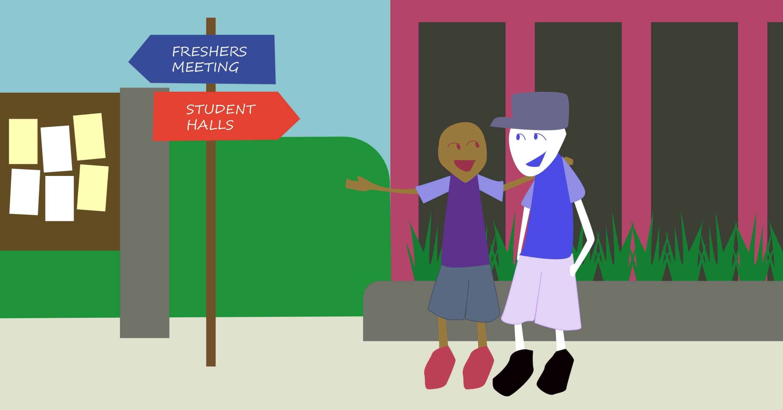 two friends walking together with school background
