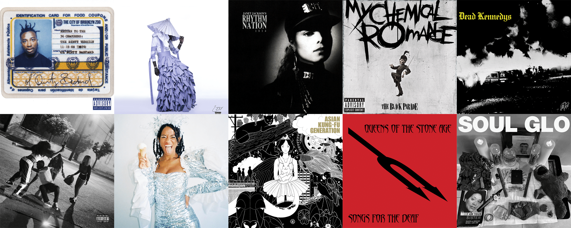 albums from odb, jeffrey, rhythm nation, black parade, dead kennedys, baby keem, american gurl, fanclub, songs for the deaf, soul glo