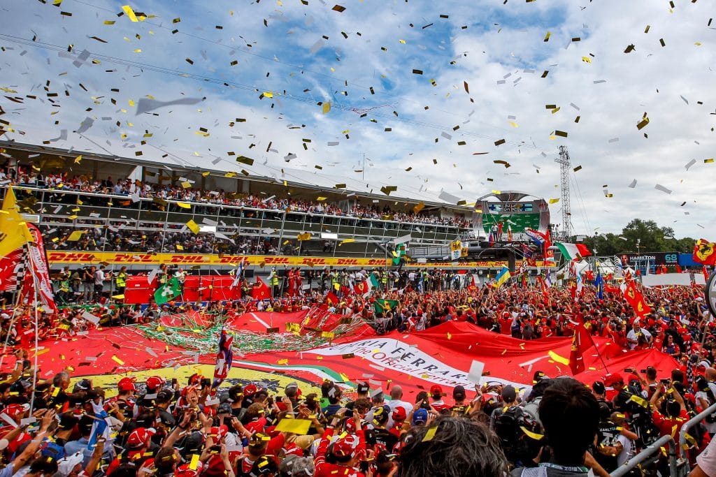 Fans celebrating the 2018 Monza Grand Prix.