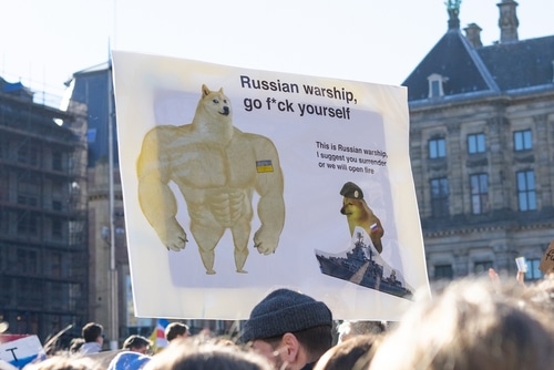 Sign with a meme about a Russian warship