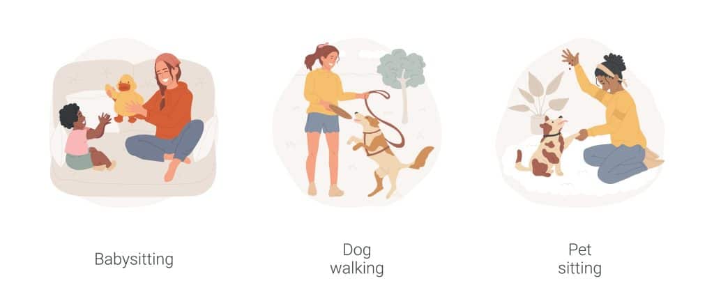 Digital creations of different jobs college students can do part time such as babysitting, dog walking, and pet sitting.