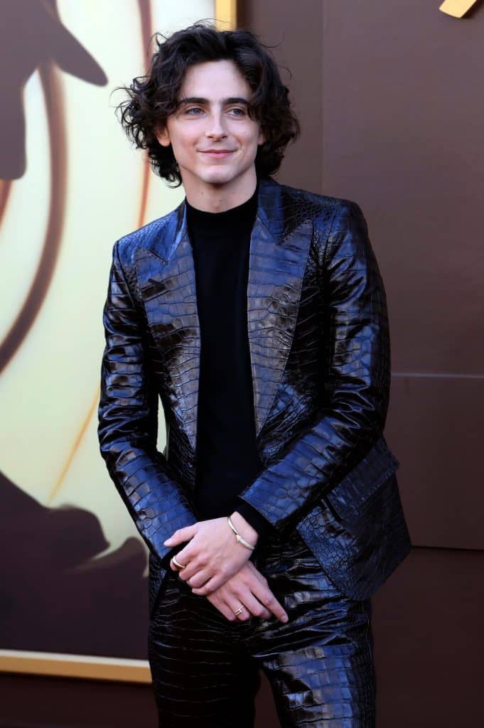 Timothee Chalamet in a leather suit promoting Wonka