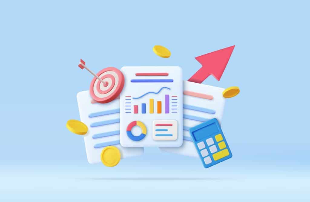3D calculator, bar chart, shooting target with floating coin