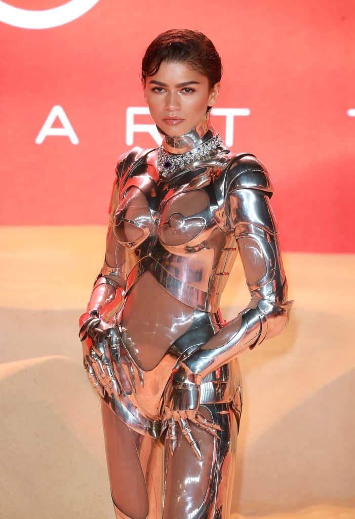 Zendaya in a metallic suit promoting Dune.