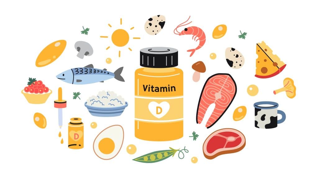 Vitamin D bottle with healthy food around