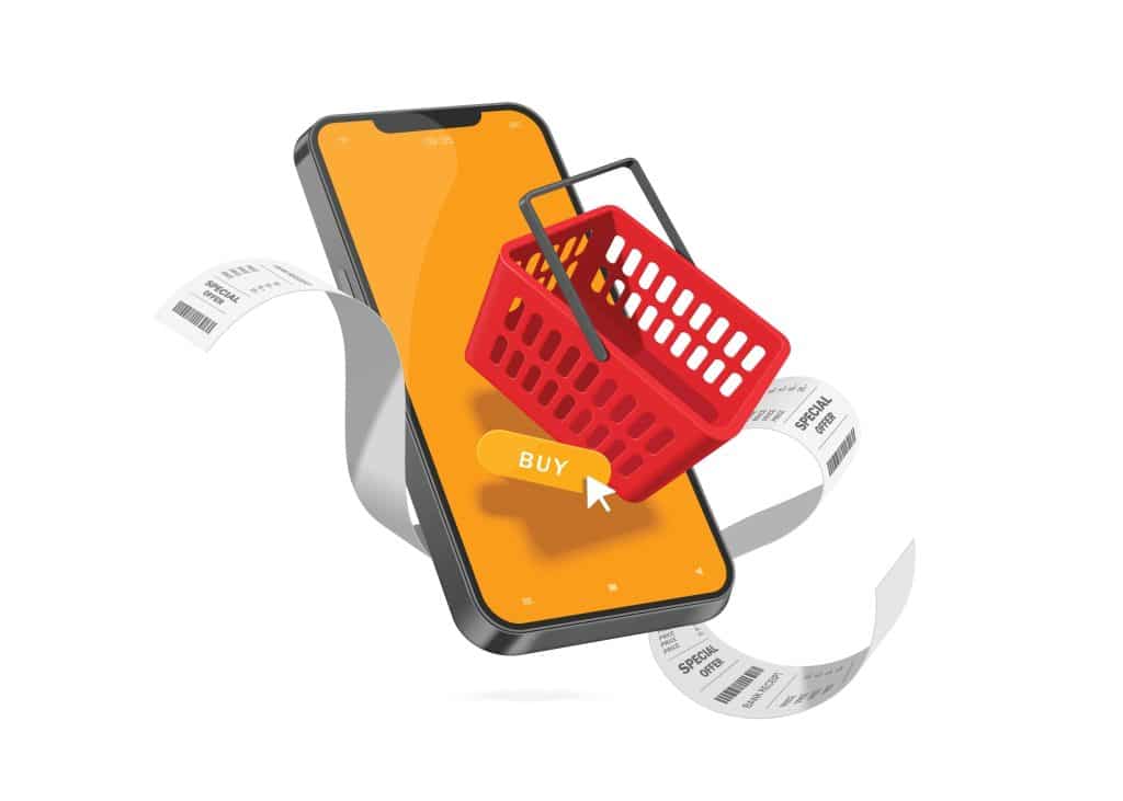 3D phone, shopping basket, and receipt.