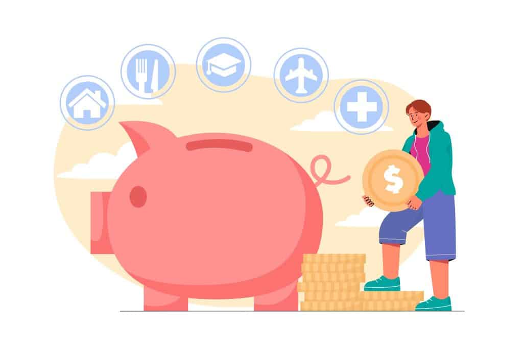 A college student putting a coin into a piggy bank with signs of what you might be saving for.