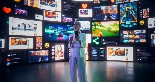 Woman looking at assortment of screens