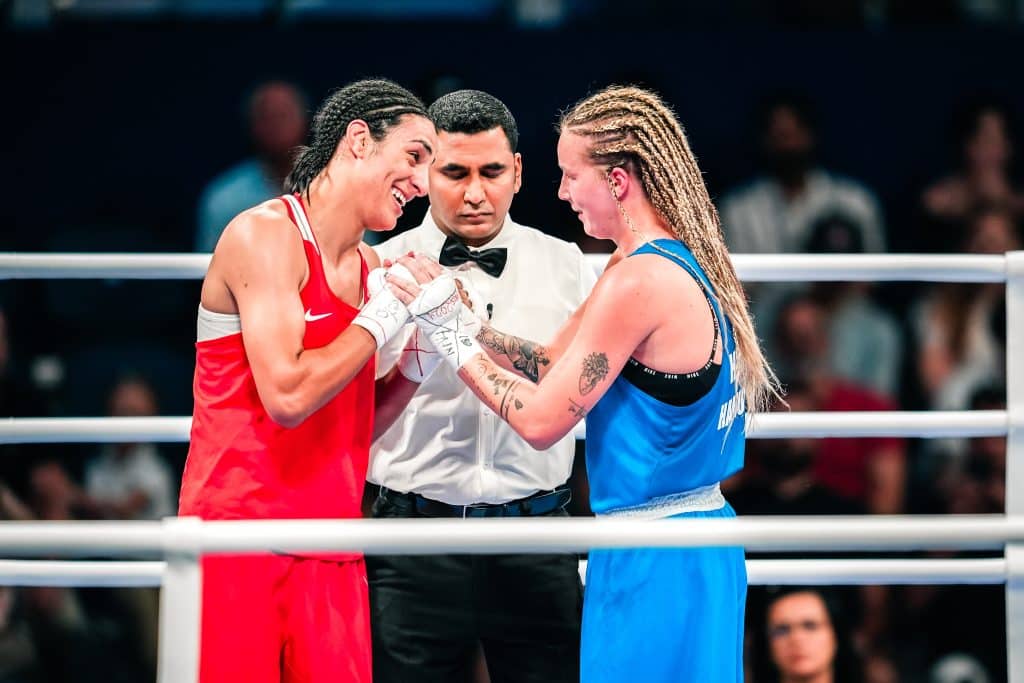 Imane Khelif of Team Algeria and Anna Luco Hamori of Team Hungary during the Women's 66kg quarterfinal match on the seventh day of the Olympic Games Paris 2024. Paris, France 03.08.2024