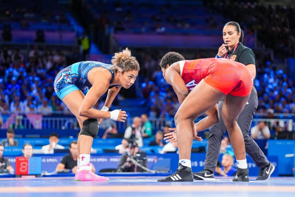 Kennedy Alexis Blades of United States battles with Marin Potrille Milaimy de la Carid of Cuba in the 76kg Women's wrestling Semi Final. Paris 2024 Olympic Games.