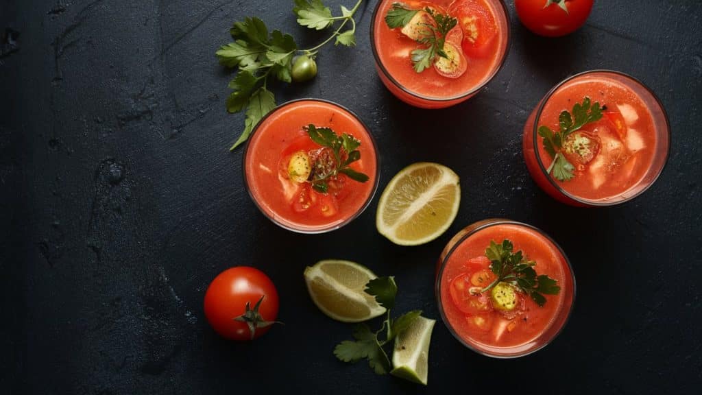 Gazpacho in glasses with a assortment of tomatoes and limes