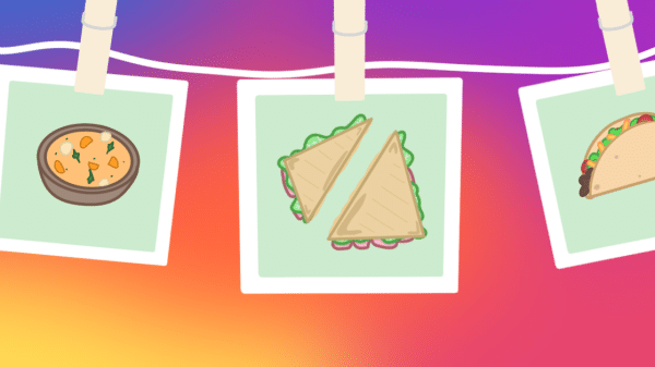 Pictures of food on a clothesline with a colorful background