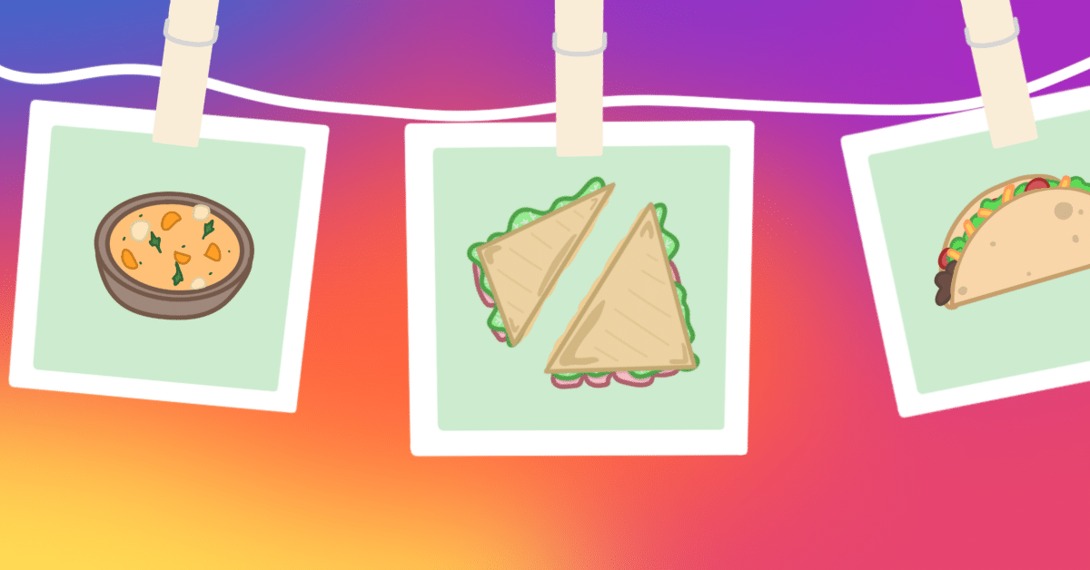 Pictures of food on a clothesline with a colorful background