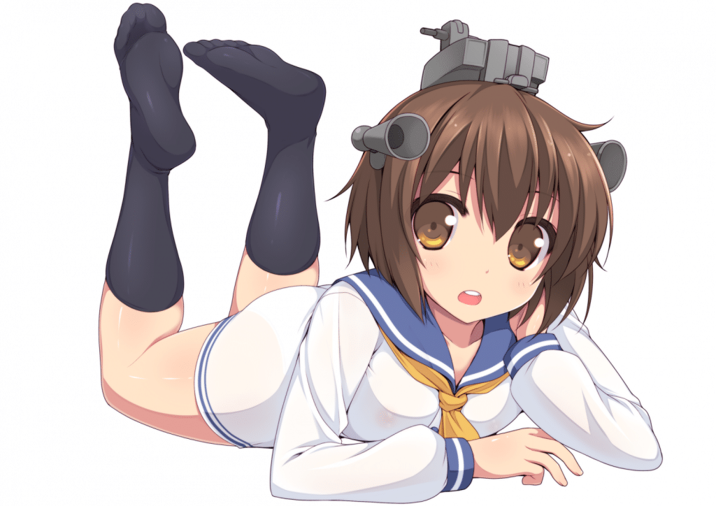 A small girl lies on the ground. She is not wearing a skirt or pants, but her top is clearly a sailor uniform, which often denotes a character being in middle school.