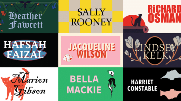 illustration of a grid of nine horizontal rectangles. In each block is the author's name on top of a backgorund that looks like the book being recommended