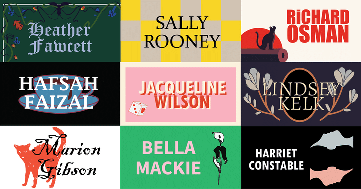 illustration of a grid of nine horizontal rectangles. In each block is the author's name on top of a backgorund that looks like the book being recommended