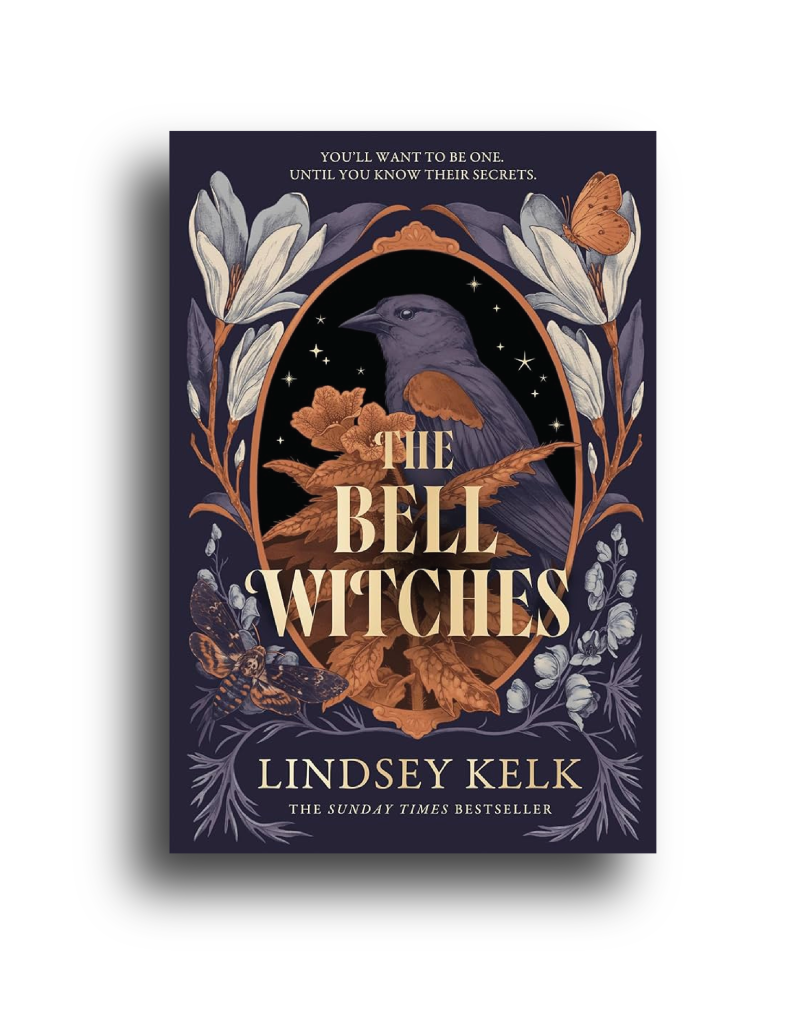 Cover of the The Bell Witches by Lindsey Kelk, which is dark purple, orange, and white, with a bird, flowers, and an elegant border