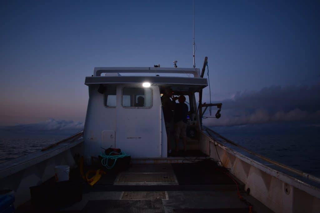White boat against a dark, beautiful landscape