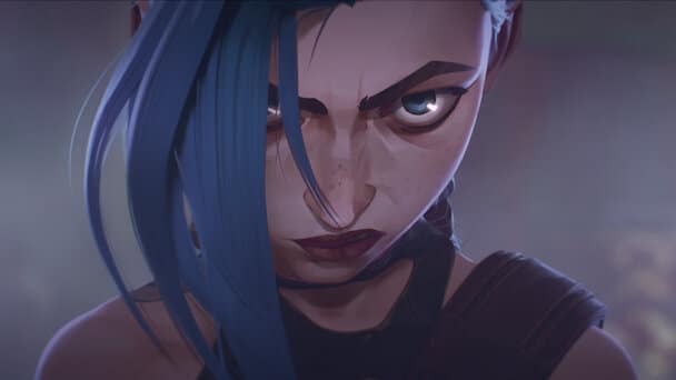 Jinx, an animated white girl with blue hair and dark makeup. Game