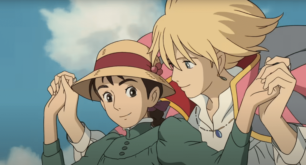 A boy looks at a girl as he flies through the sky with her.