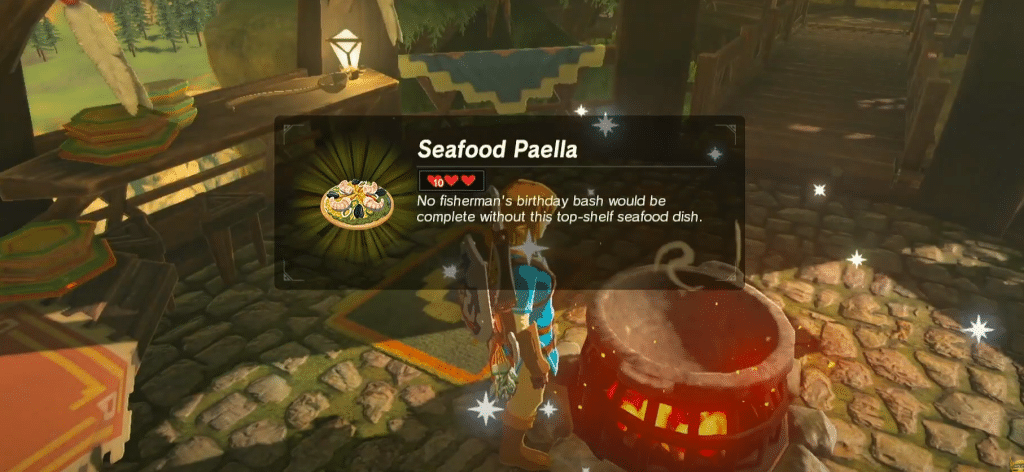 A screenshot showing Link having cooked a meal.