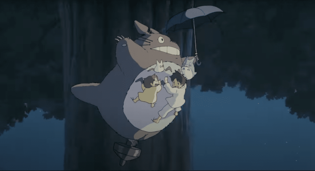 A fluffy creature holding an umbrella flies through the air with kids holding onto him.