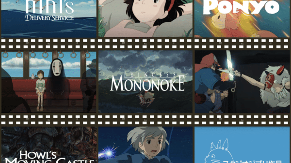 A collage of pictures and title cards from Studio Ghibli movies including Kiki's Delivery Service, Howl's Moving Castle, Spirited Away, and Ponyo, plus Studio Ghibli's logo, all set into film reels.