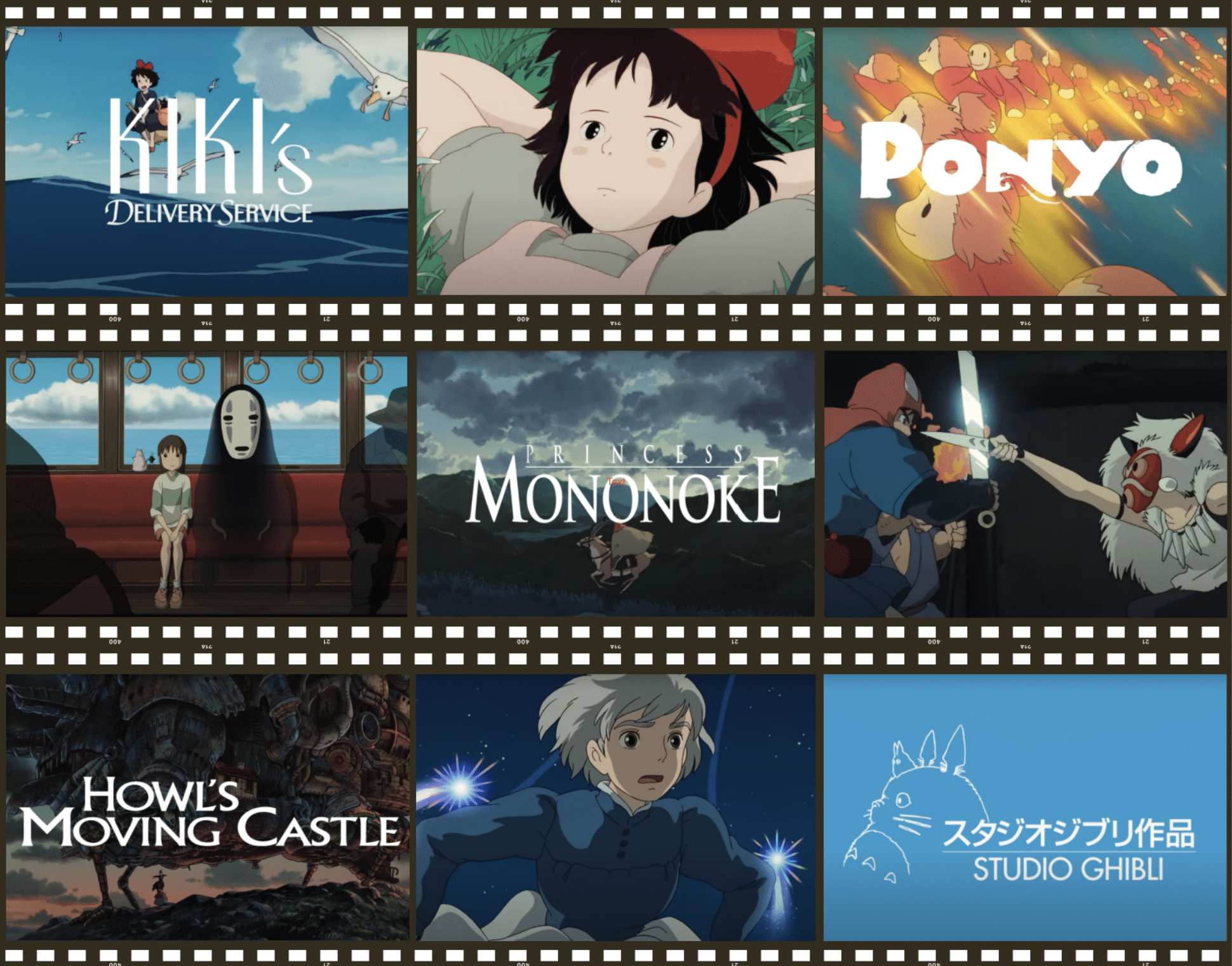 A collage of pictures and title cards from Studio Ghibli movies including Kiki's Delivery Service, Howl's Moving Castle, Spirited Away, and Ponyo, plus Studio Ghibli's logo, all set into film reels.