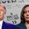 Collage of Trump and Harris, with a calendar of November highlighting election day in the background.
