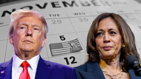 Collage of Trump and Harris, with a calendar of November highlighting election day in the background.
