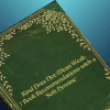 Illustration of a green book with golden leafy engravings on the border and the title in medieval in the centre, the book is positioned diagonally in the centre of a plain blue background