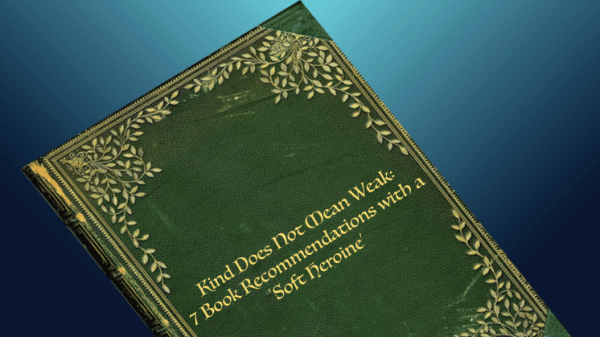 Illustration of a green book with golden leafy engravings on the border and the title in medieval in the centre, the book is positioned diagonally in the centre of a plain blue background