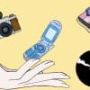 point and shoot camera, flip phone, vinyl record, video game console.