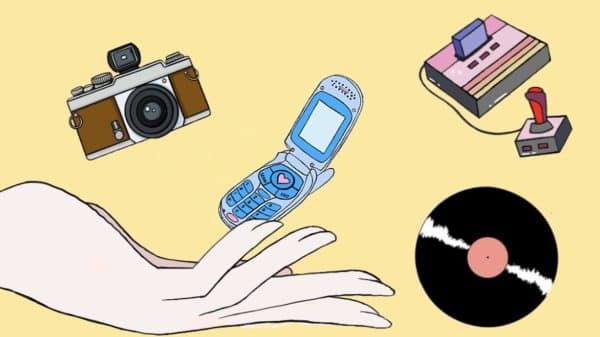 point and shoot camera, flip phone, vinyl record, video game console.