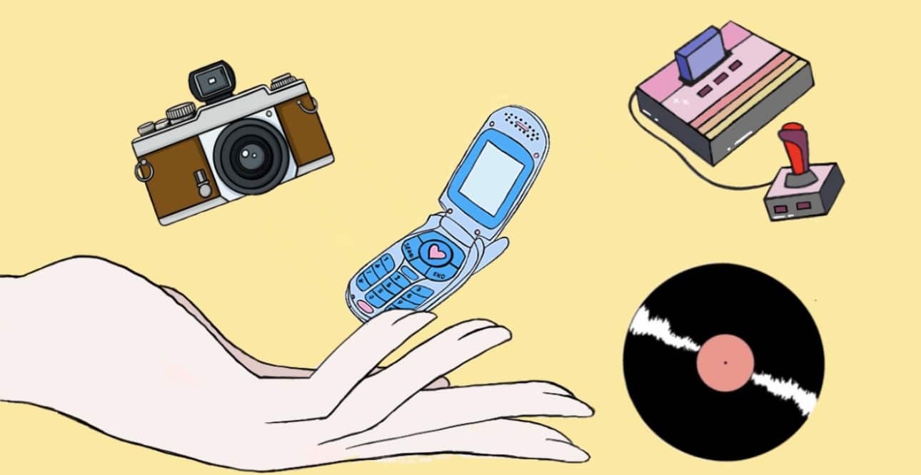 point and shoot camera, flip phone, vinyl record, video game console.