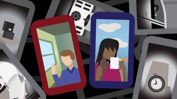 an illustration depicting colorful phones of people living amongst a bunch of grey phones.